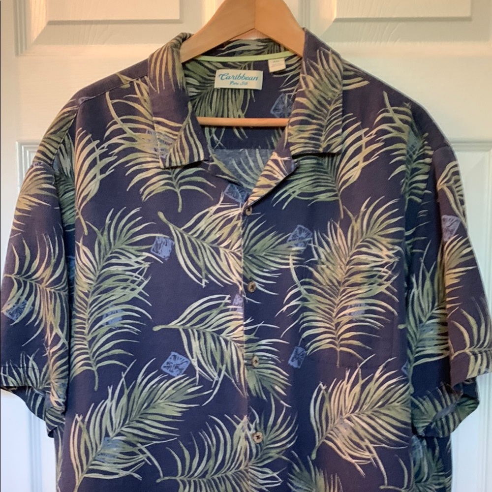 Caribbean Blue and Green Men's Silk Shirt Tropical Print XXL